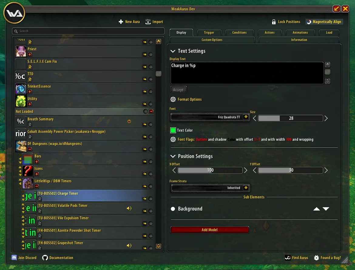 The Display tab of a WeakAuras text display, with text settings, position settings and a long aura list on the left.
