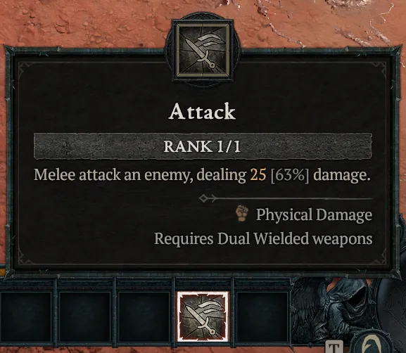 Diablo 4 tooltip for the skill Attack, rank 1/1, a melee attack, above the action bar with the same icon