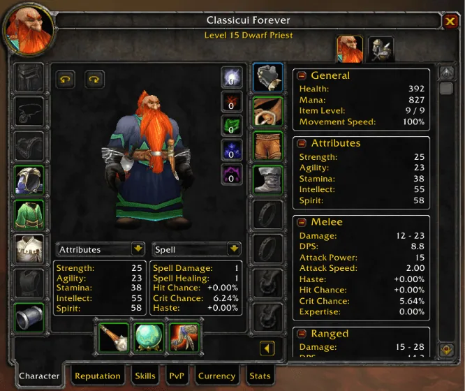 Classic character window with portrait, equipment slots round the model, stat boxes and a detail pane on the right.
