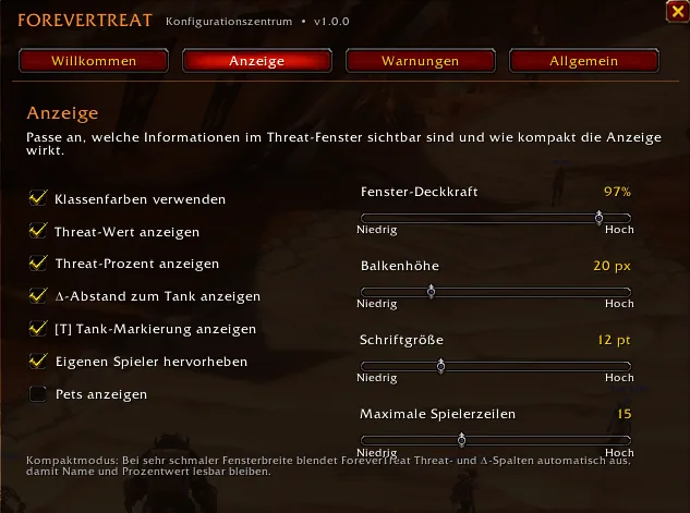 The Display tab with checkboxes for class colours, threat value, threat percent and tank marker, and sliders for opacity, bar height and font size