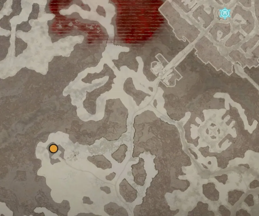Map of the Fractured Peaks in Diablo 4 with an orange marker on the Windswept Cabin south-west of Kyovashad