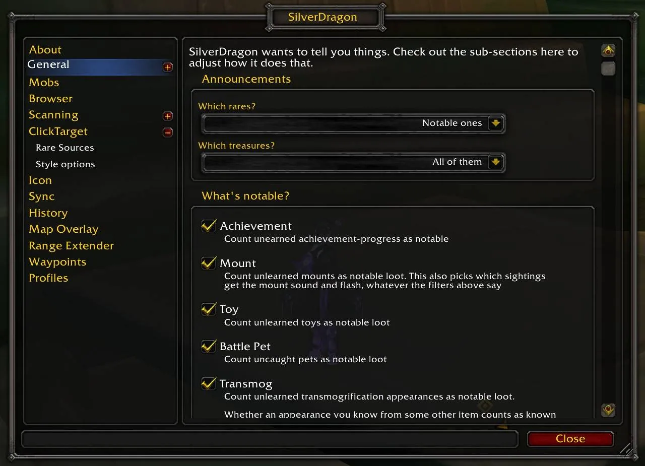 SilverDragon settings window with a section list and the options for which rares and treasures count as notable