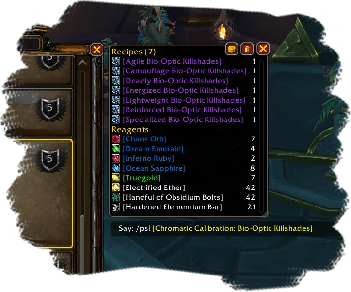 Tracking window with seven tracked recipes and the reagents they need, and the /psl command sent in chat
