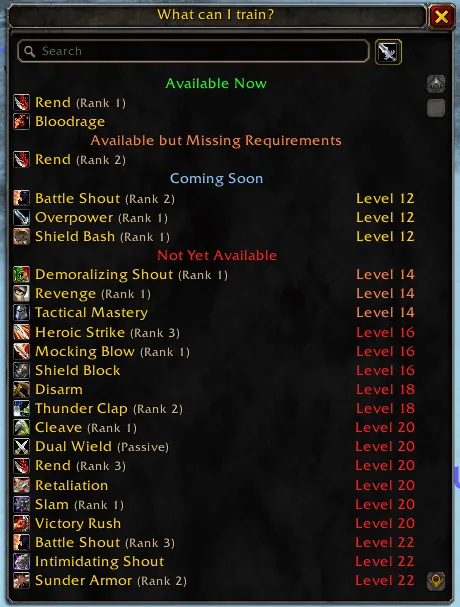 The floating What can I train window opened with /wt, with a search box and warrior spells sorted by availability and required level