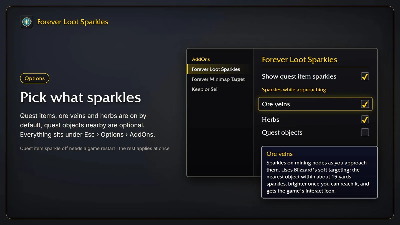 The addon's options panel with the checkboxes for quest items, ore, herbs and quest objects.