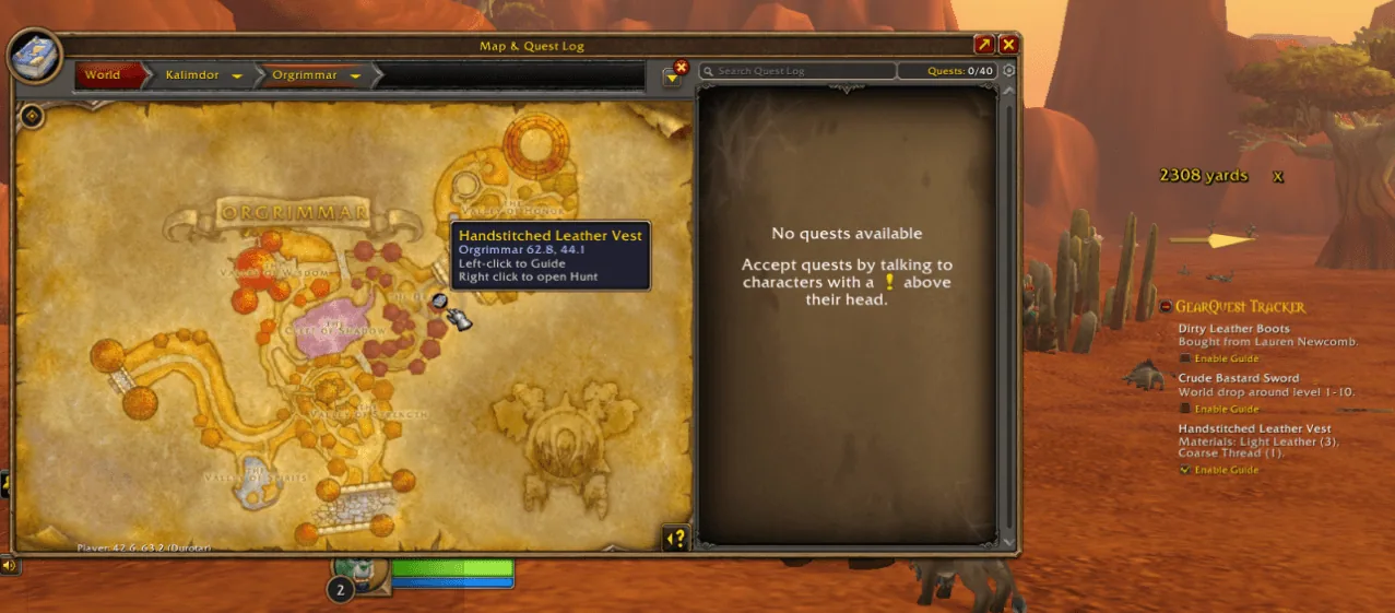 The world map of Orgrimmar with a pin for a leather vest and the GearQuest tracker listing three picks on the right of the screen
