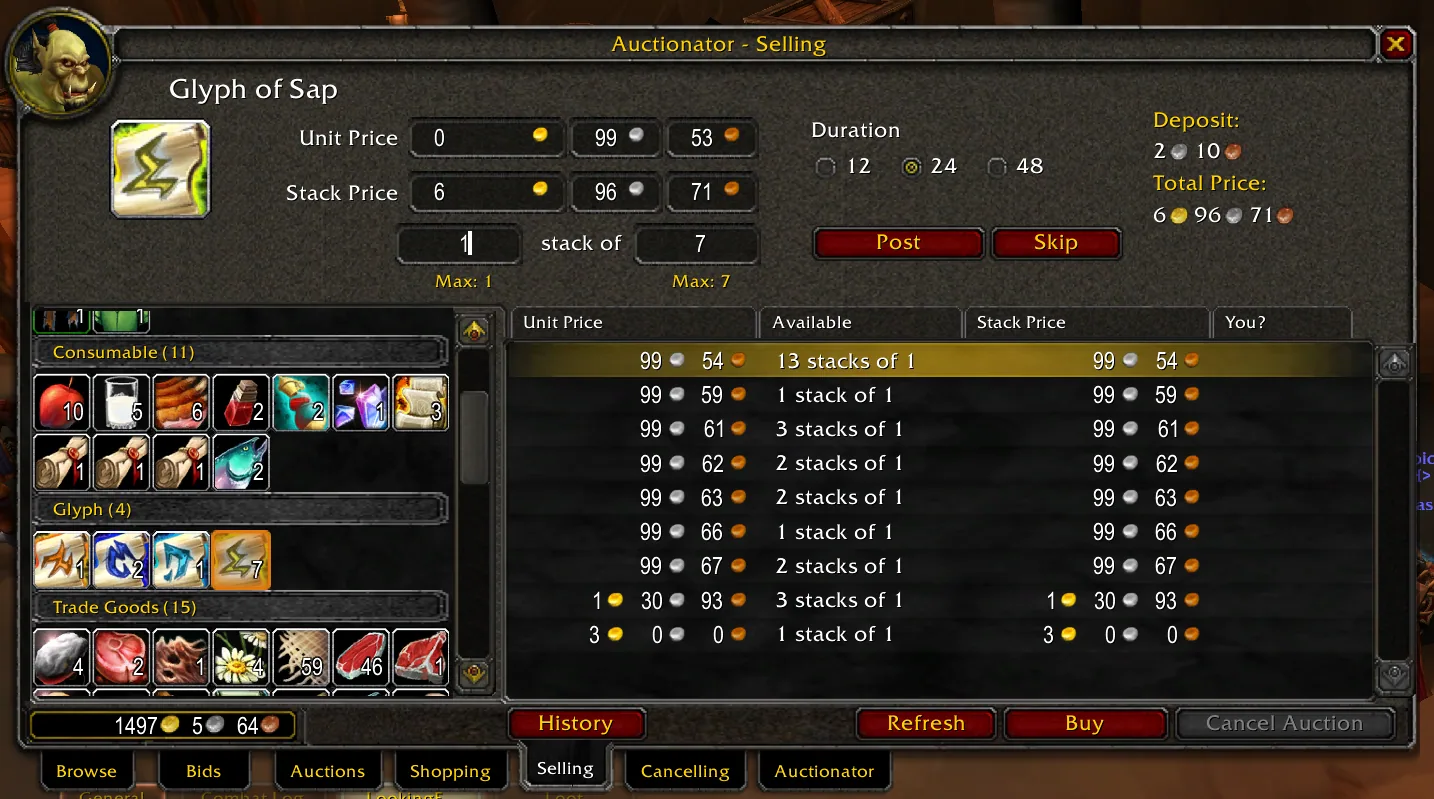 Auctionator Selling tab in Classic with bag items on the left and current listings with stack prices