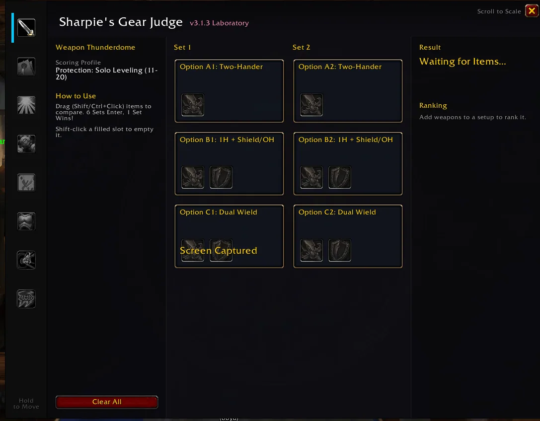The Weapon Thunderdome tab with six empty weapon setups to compare: two-hander, one-hand plus shield and dual wield