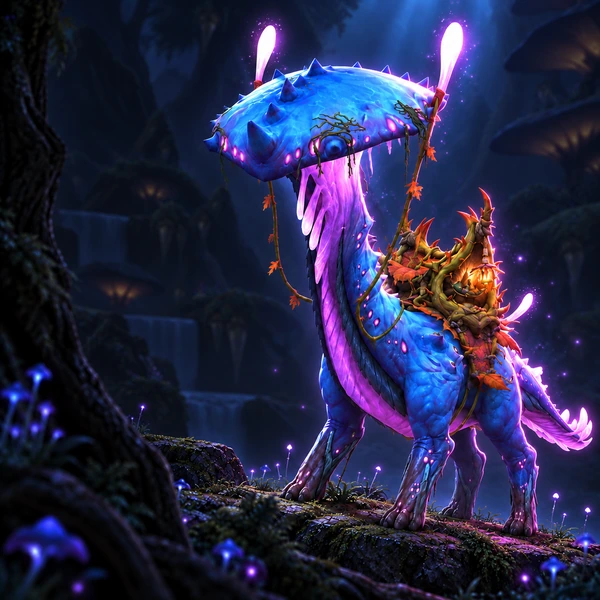 Blue and violet Sporebearer Fungal Strider mount with glowing pink gills and a thorny saddle in Harandar.