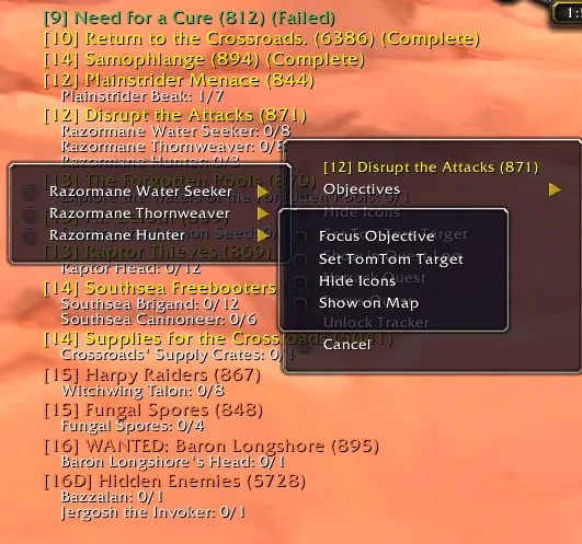 Questie quest tracker with objectives and its right-click menu for focusing a quest