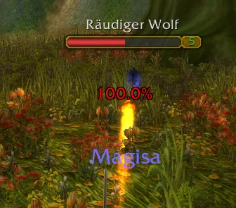 The older ThreatMeter text display in a fight, showing 100.0 percent in red under a wolf's target frame