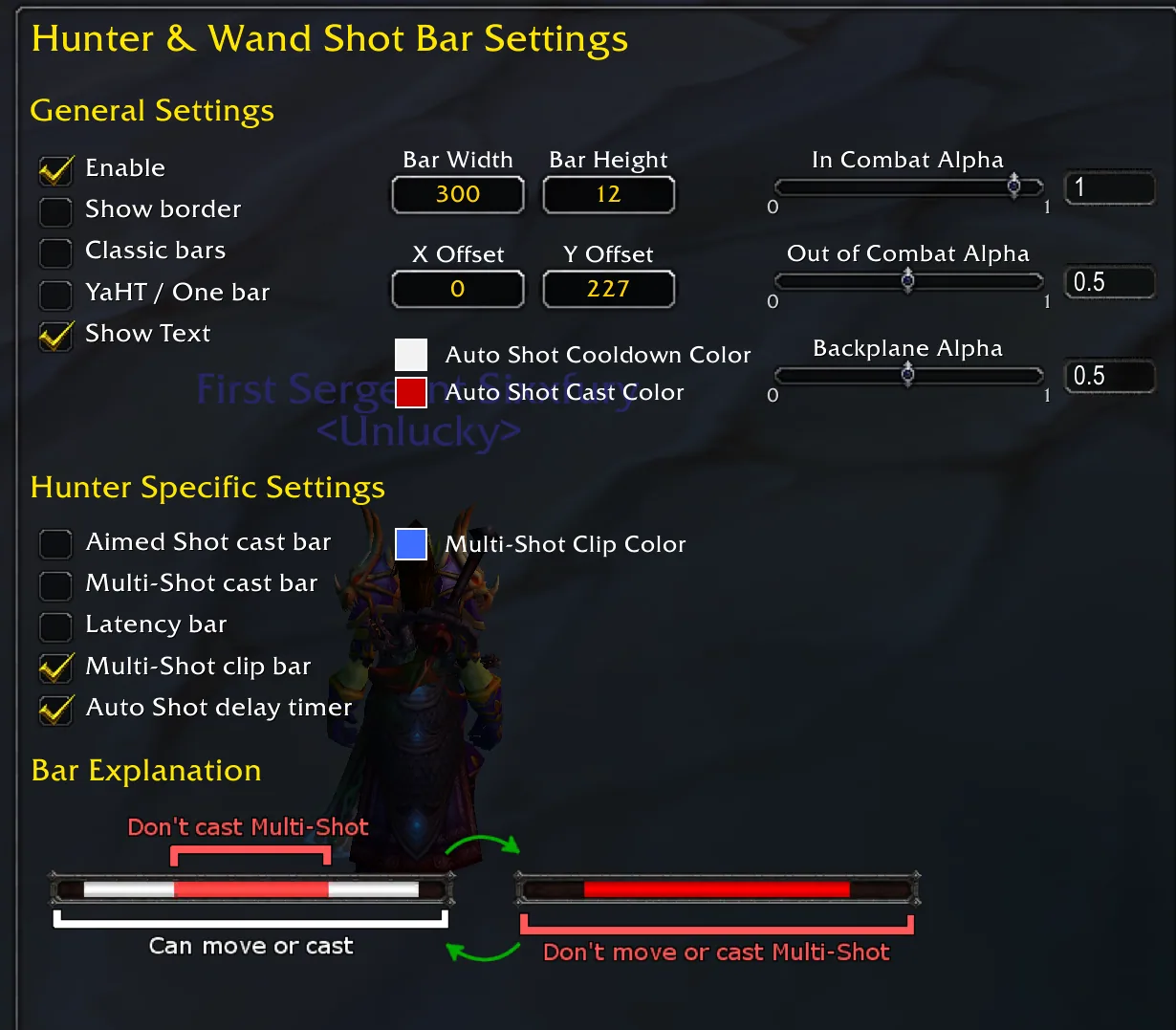 Hunter and Wand Shot Bar Settings window with size, offset and alpha fields, hunter options and a bar explanation diagram.