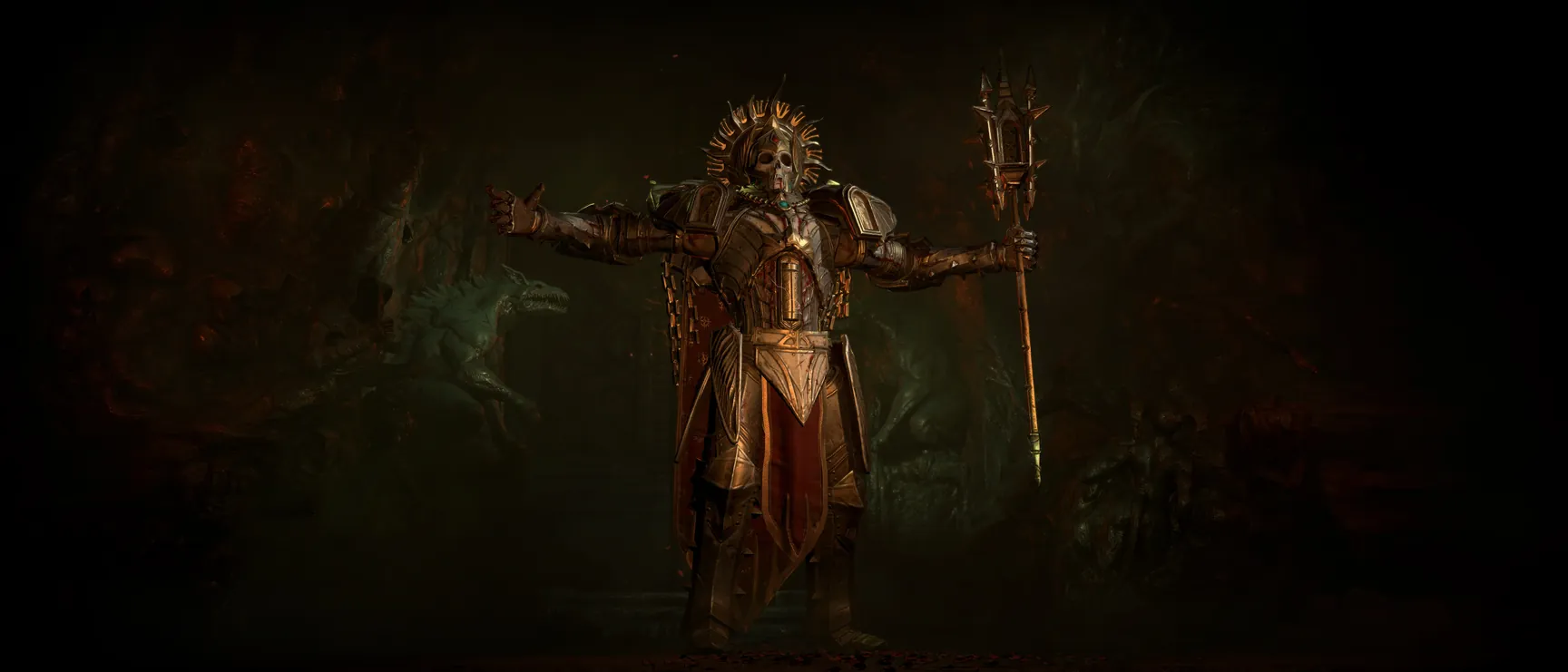 Grigoire, der galvanische Heilige, in goldener Rüstung mit Blitzstab in Diablo 4
