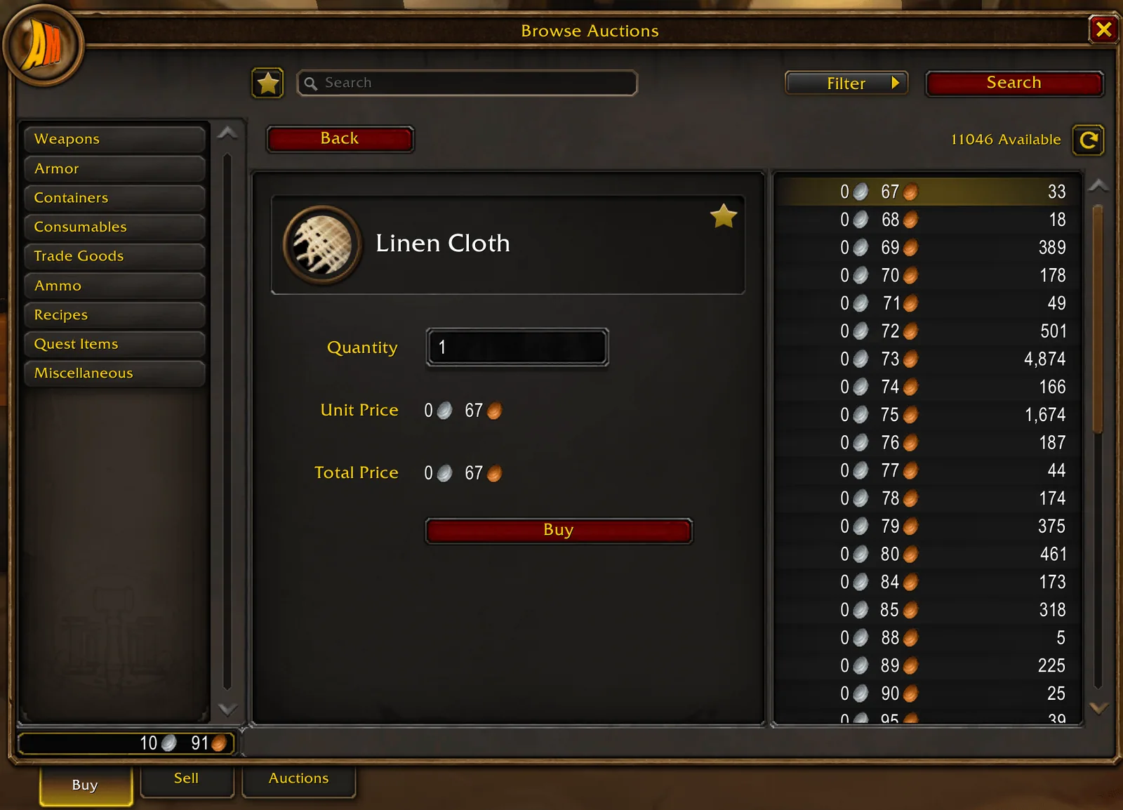 The AuctionMaster Browse Auctions window with item categories, a Linen Cloth buy panel and a price list on the right