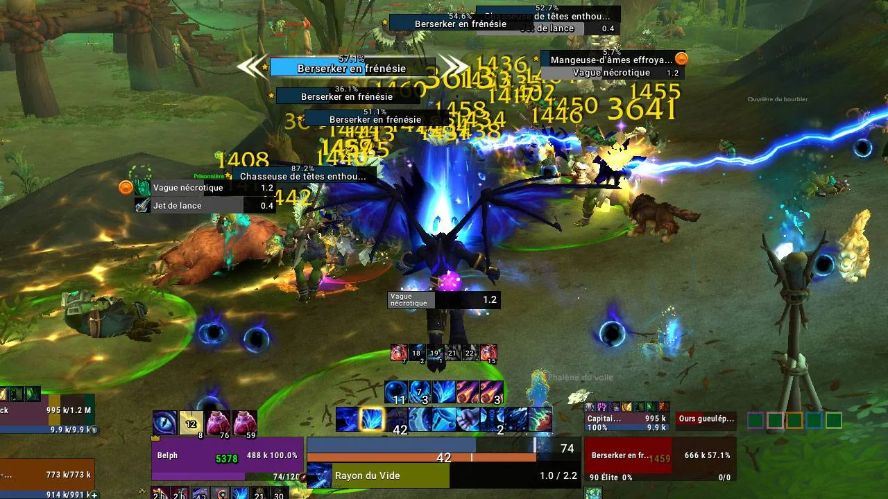 Quartz enemy cast bars over a pull of enemies in combat, each bar with a spell name and a cast timer