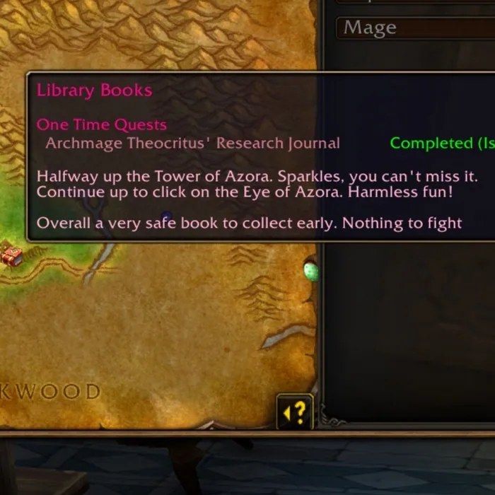 A pin tooltip for a book in Elwynn Forest showing the quest as completed with a short safety tip