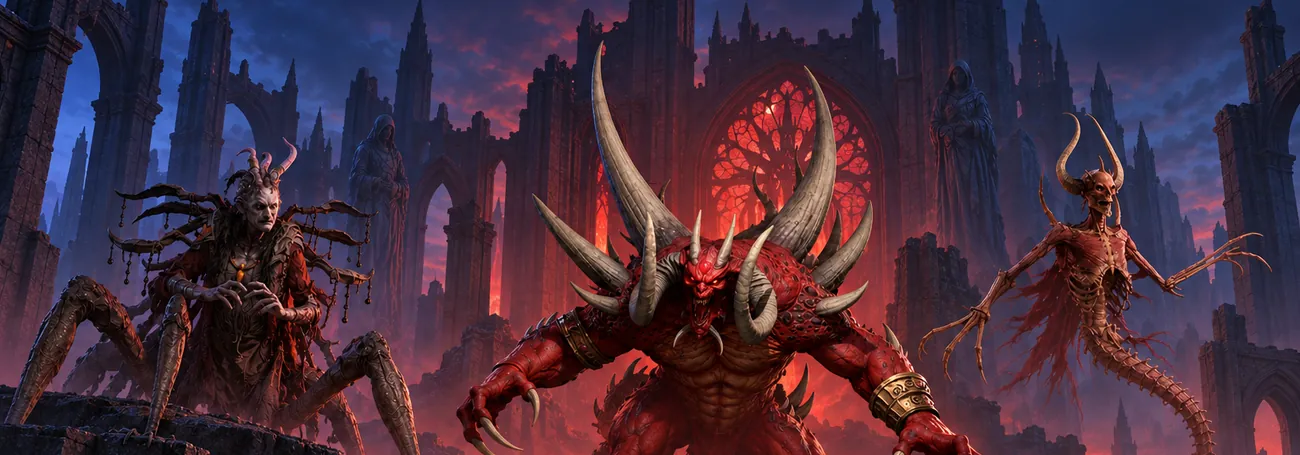 Diablo, Baal und Mephisto erheben sich über der Kathedrale von Tristram, ein einsamer Wanderer nähert sich