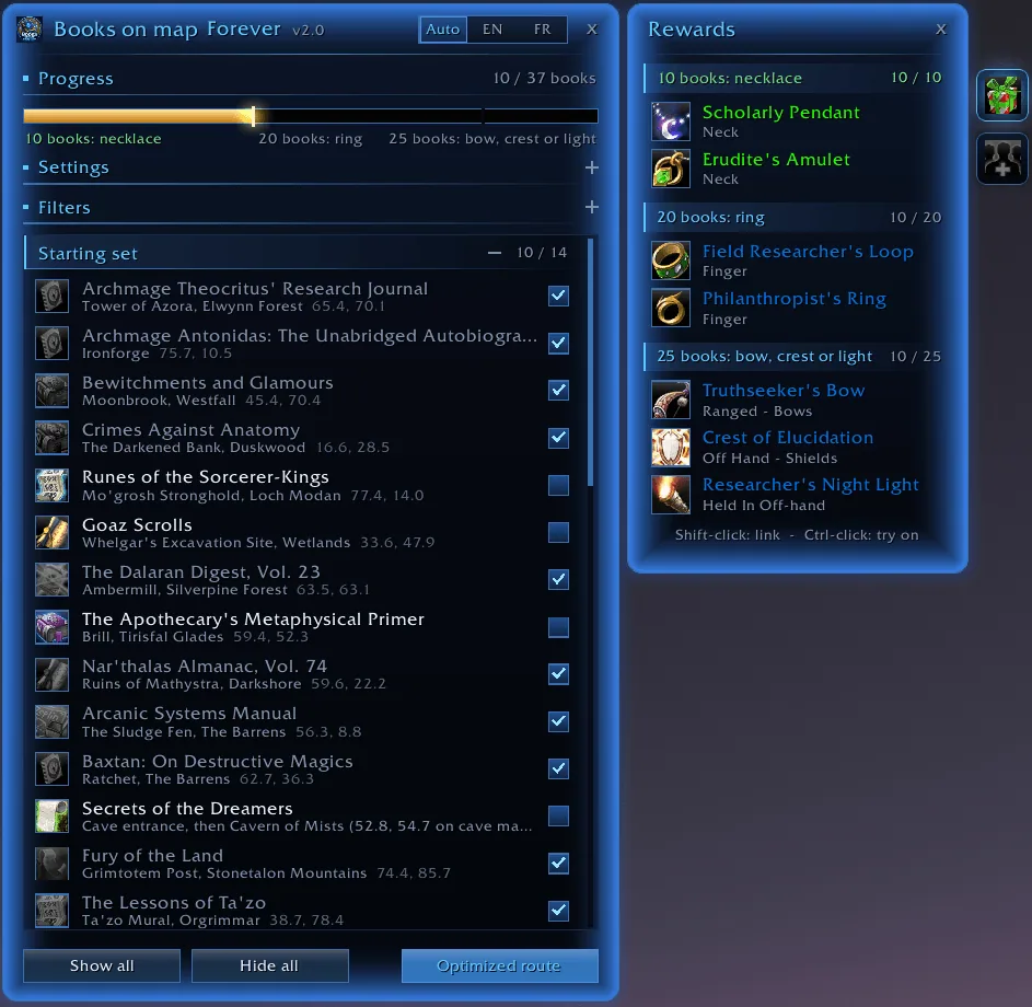 The book list next to the rewards tab that shows the necklaces, rings and the bow, shield and light you can earn