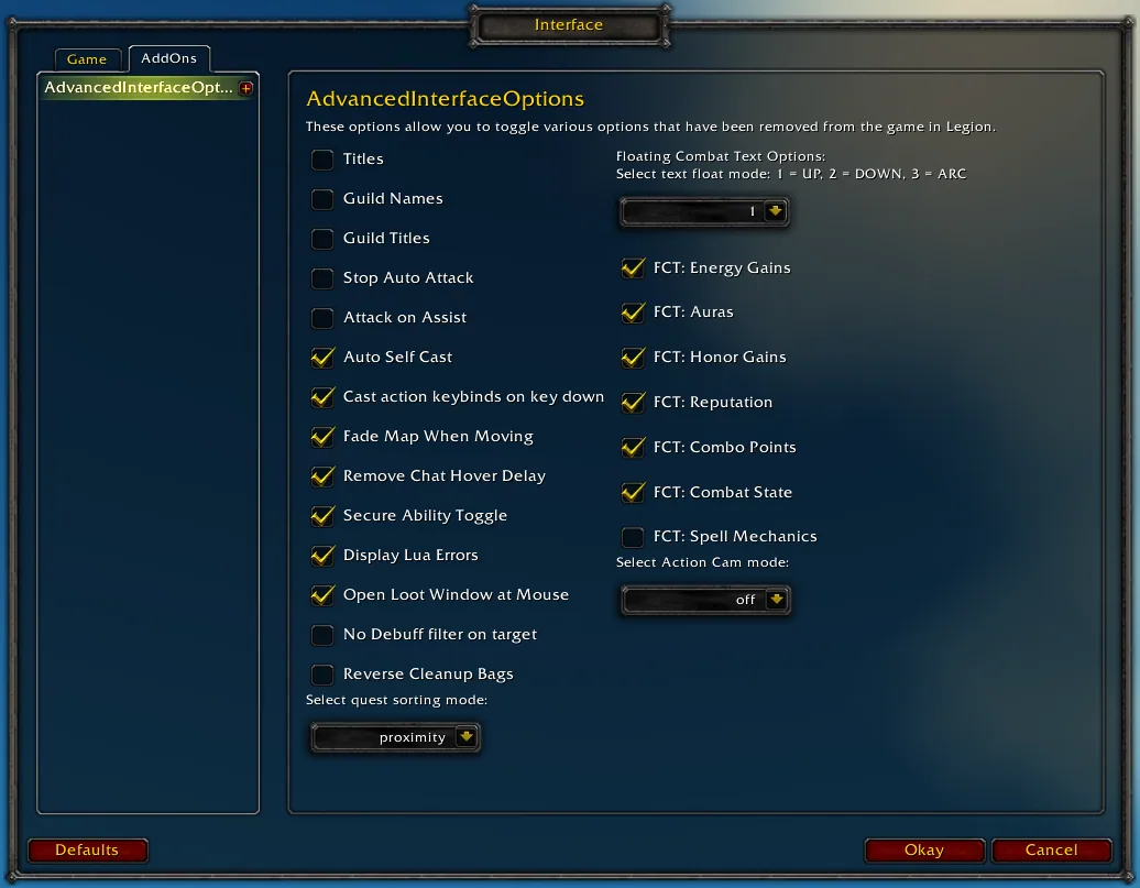 The basic options panel of Advanced Interface Options with checkboxes for titles, guild names, auto attack, attack on assist and combat text.