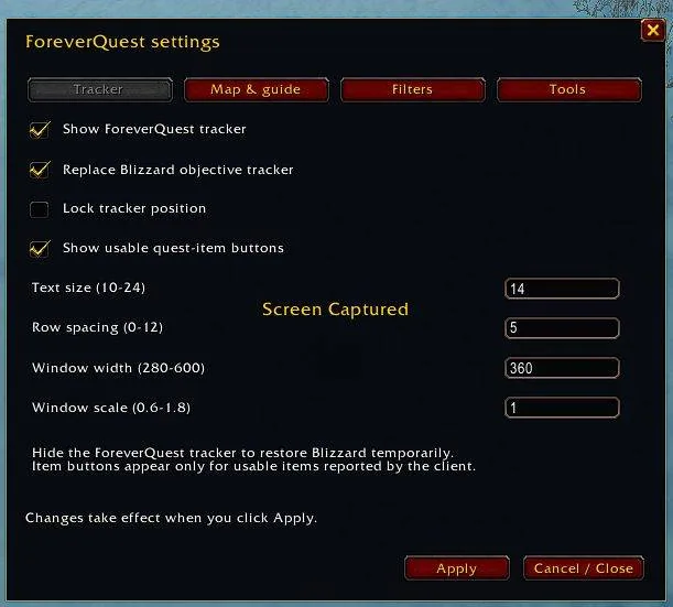 The settings window, Tracker tab: text size, row spacing, width and scale.