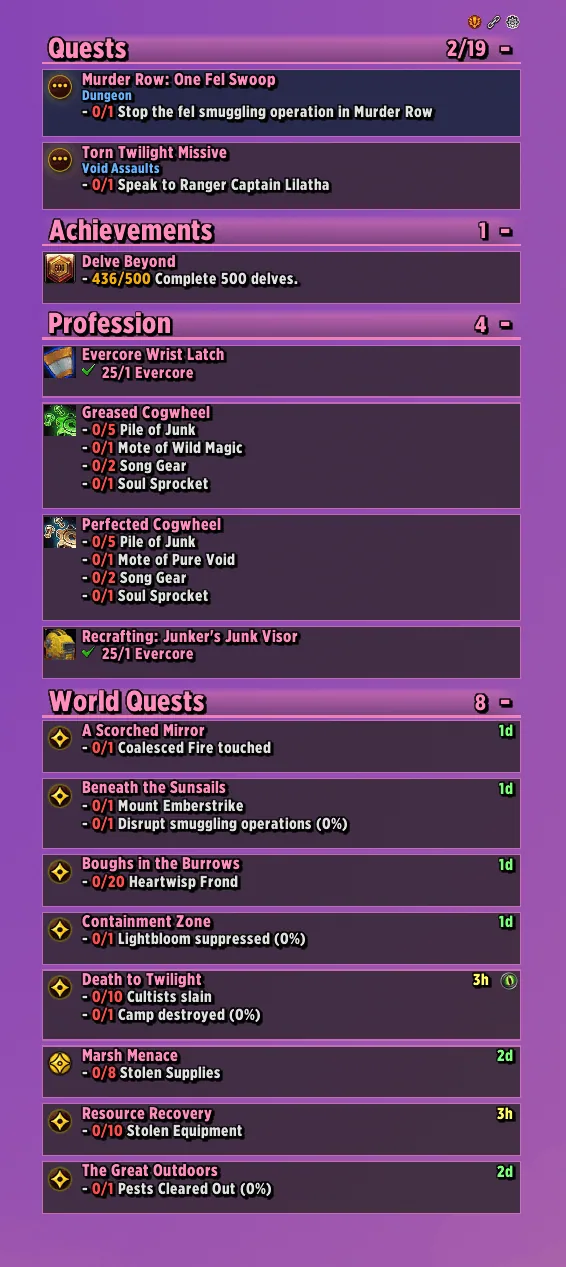 Quest rows switched to card rows, tinted by quest type.