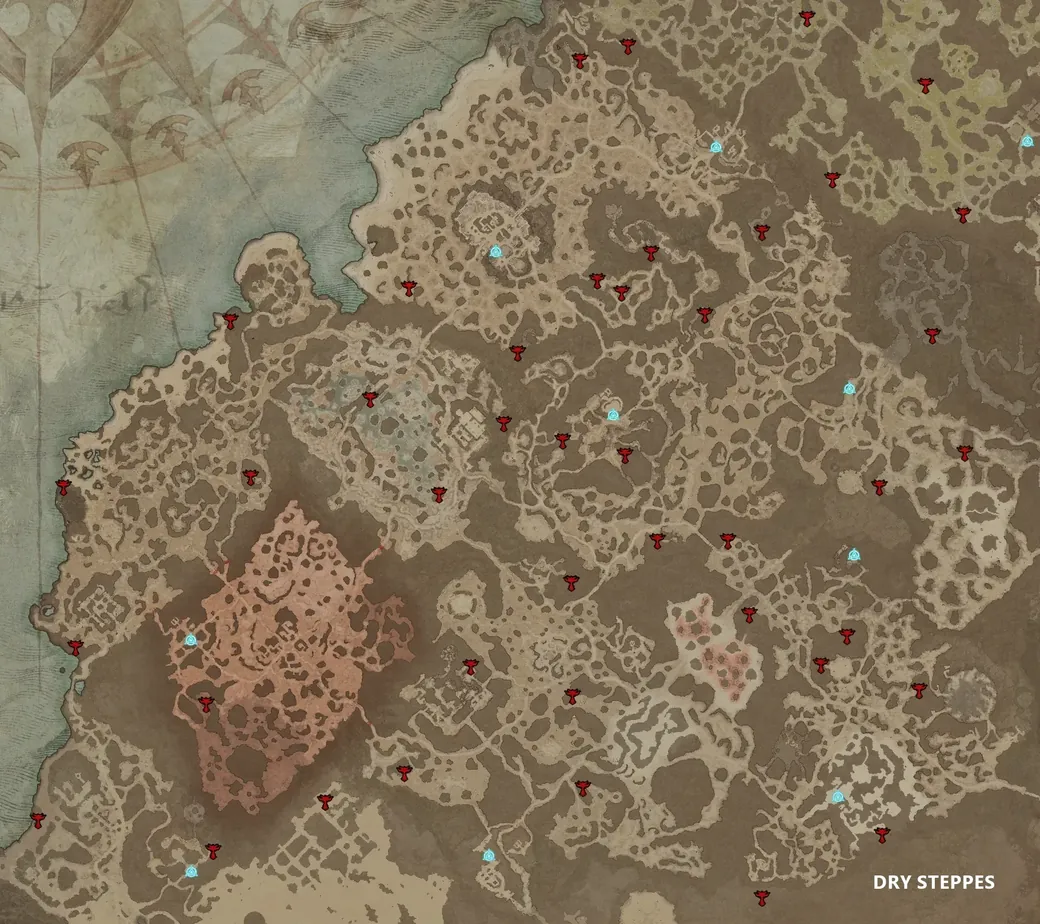 Karte der Trockensteppe in Diablo 4 mit roten Symbolen für alle Altäre von Lilith und blauen Symbolen für Wegpunkte