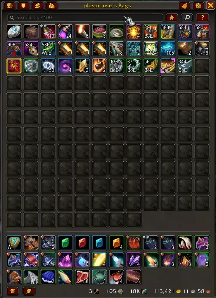 Baganator search highlighting matching items in the bag grid