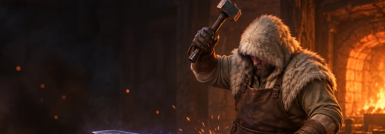 Der Schmied hämmert in einer dunklen Schmiede in Diablo 4 eine glühende Klinge auf dem Amboss