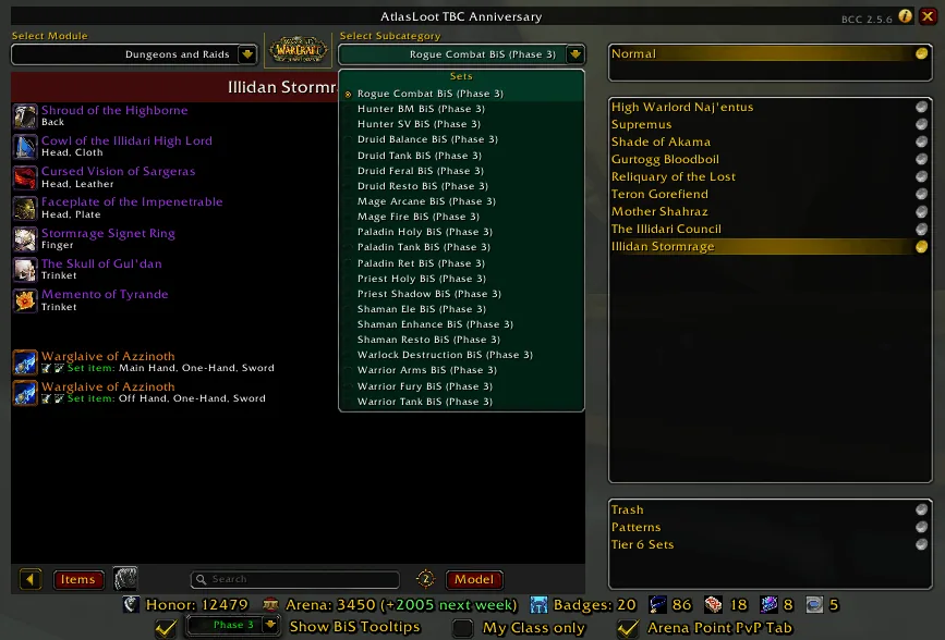 AtlasLoot main window with a raid boss loot table and a class BiS list