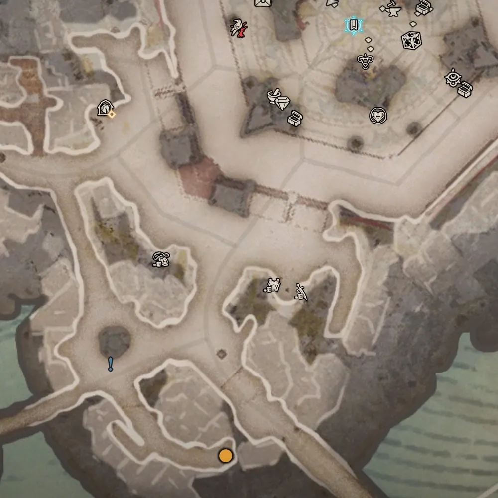 Map of southern Temis in Diablo 4 with an orange marker on the Pillow near the coast