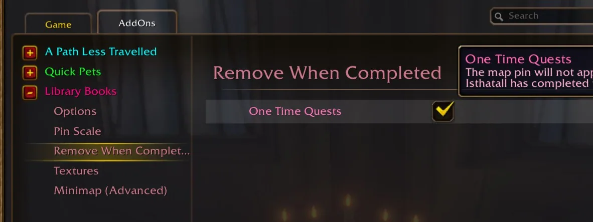The Library Books settings in the game's AddOns options with pages for pin scale, remove when completed, textures and minimap