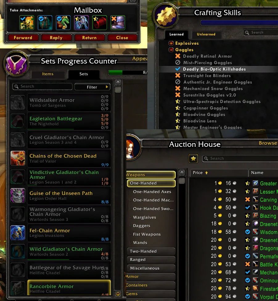 Status icons in the mailbox, a crafting window and the auction house, next to a transmog set progress list