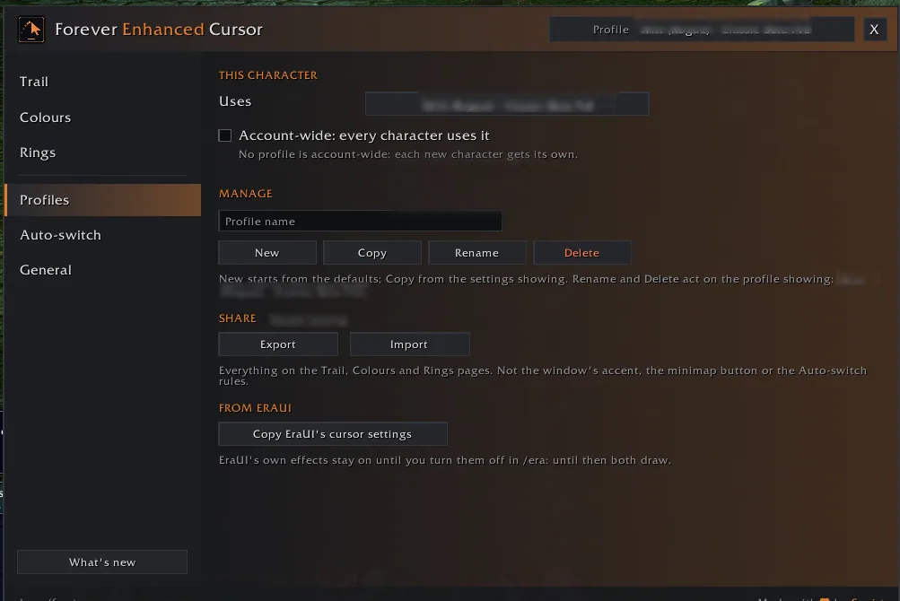 The Profiles page with account-wide switch, New, Copy, Rename and Delete buttons, Export and Import, and the copy button for EraUI cursor settings.