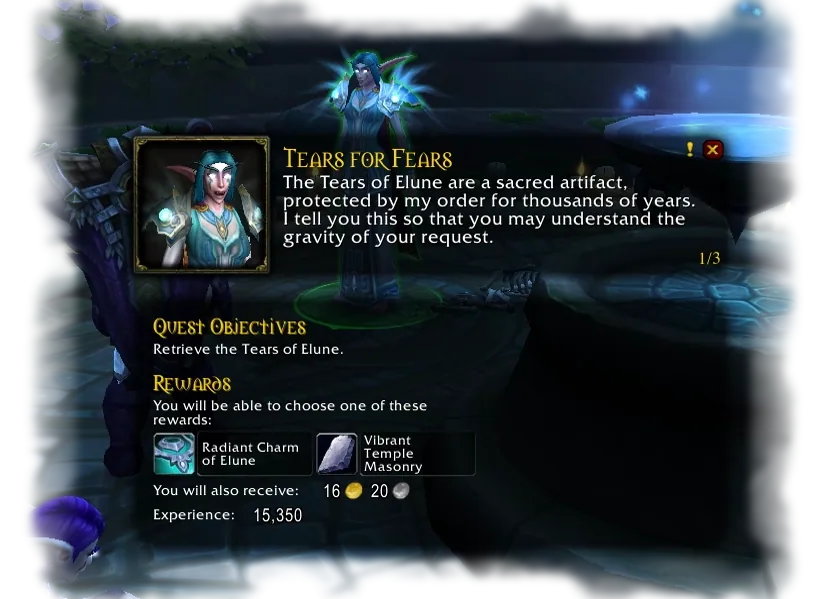 The talking-head box during quest pickup: NPC portrait, quest text, objectives and the reward choice.