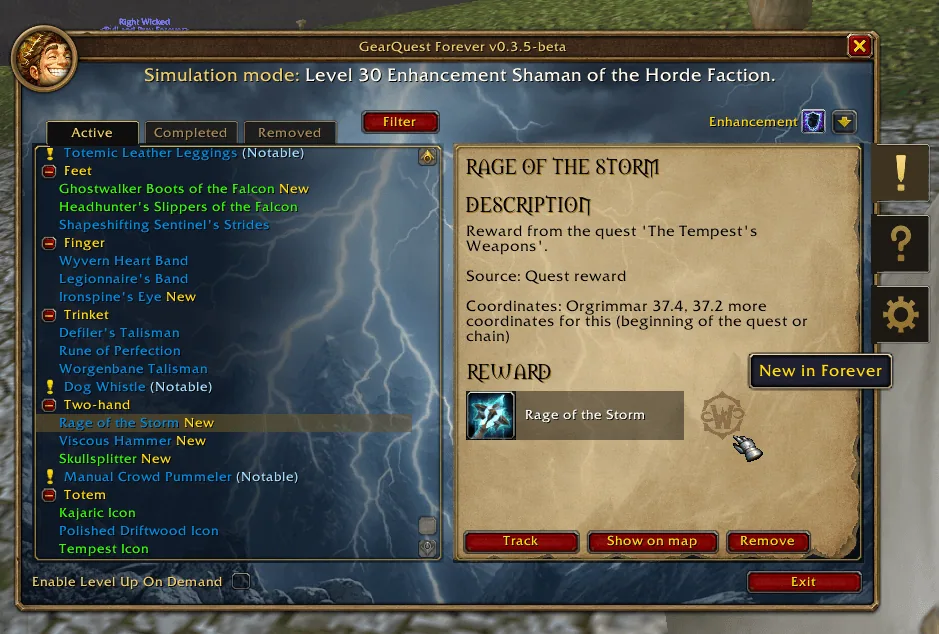 The GearQuest log in simulation mode, listing gear by slot for a level 30 Enhancement Shaman with the quest reward Rage of the Storm selected on the right
