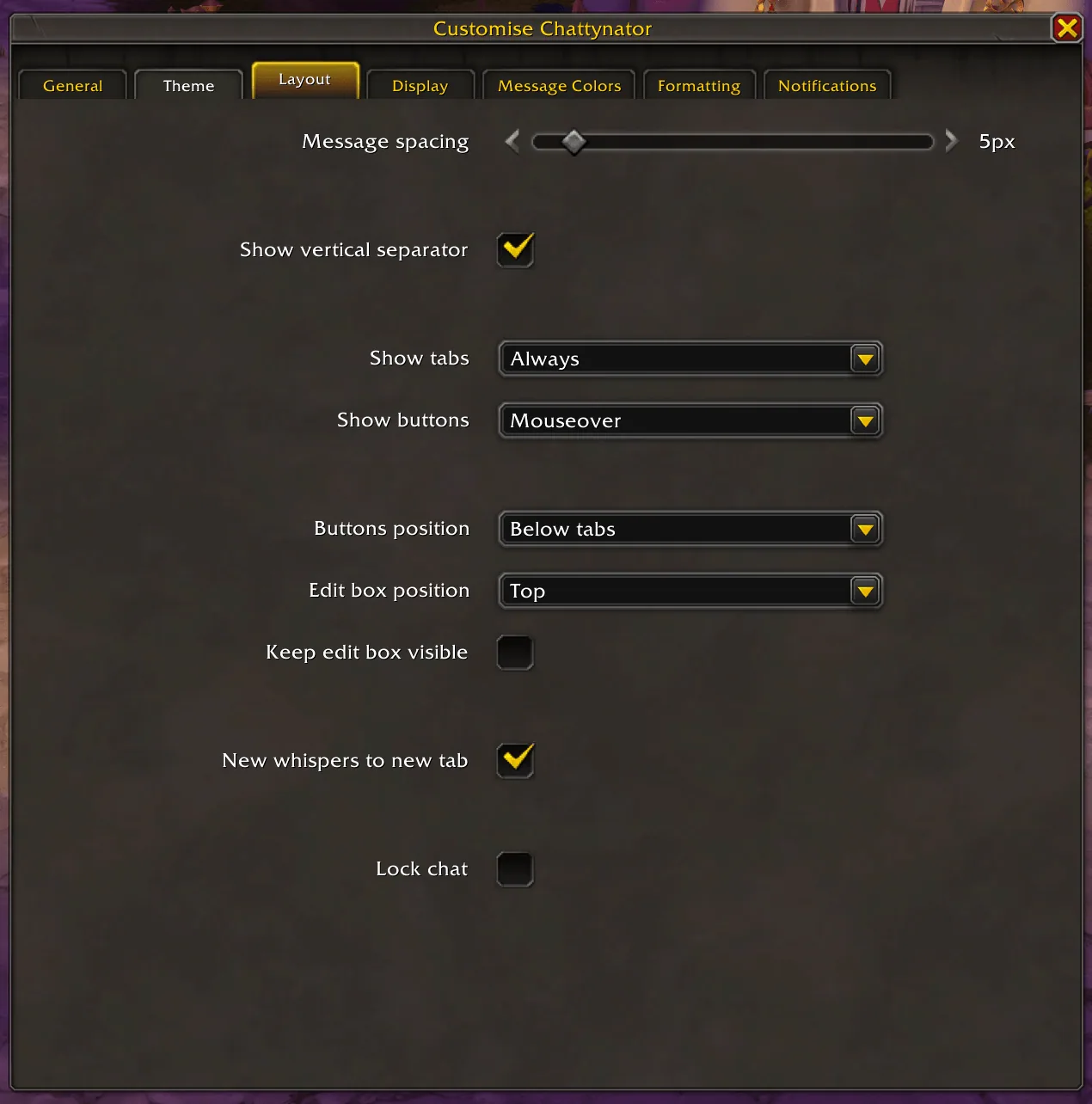 Customise Chattynator window on the Layout tab with message spacing, tab and button visibility and edit box position