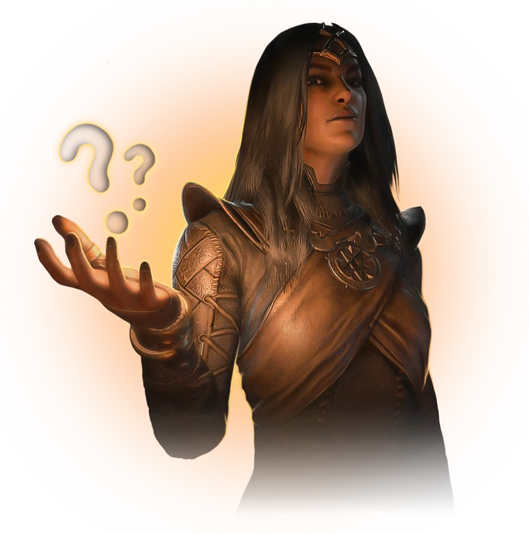 Art with curious sorcerress with question marks over her hand for faq section
