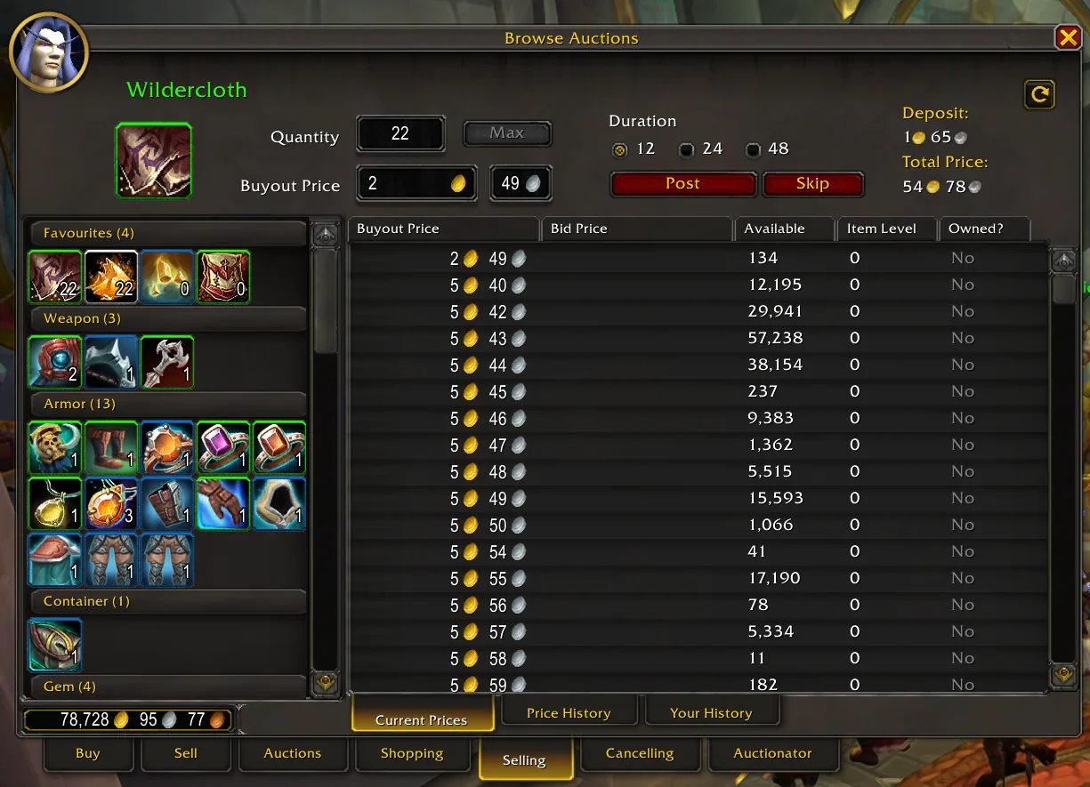 Auctionator Selling tab in Retail with favourites, quantity and buyout price