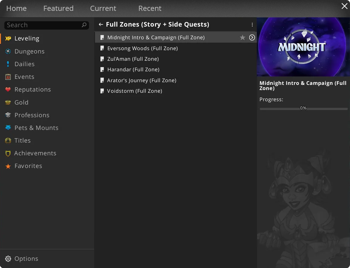 The Zygor guide menu with categories on the left, a list of zone guides in the middle and the progress of the selected guide on the right