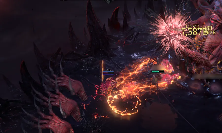 The last arena of Echo of Mephisto on Torment XII, with a wall of clawed hands rising at the side
