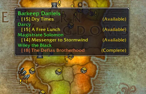 Questie world map tooltip listing the quest givers of a town with quest levels and status
