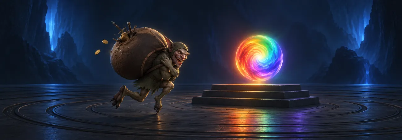 Treasure Goblin running past a stone altar with a swirling rainbow portal in a dark cave