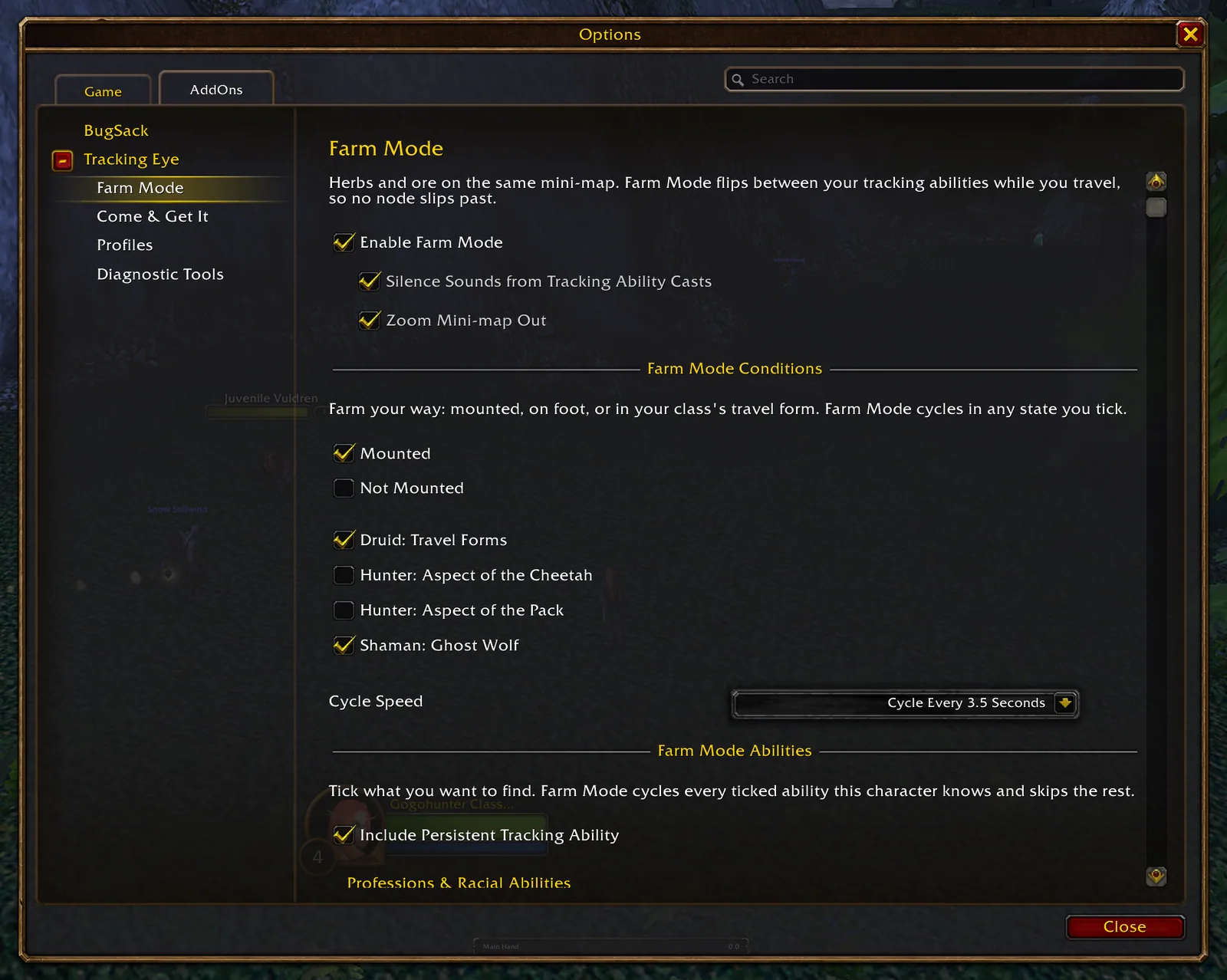 The Tracking Eye options page for Farm Mode with the conditions, cycle speed and the abilities that are cycled