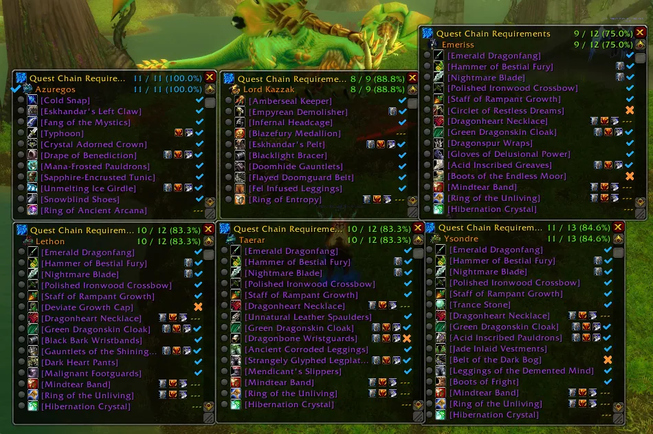 Six AllTheThings windows side by side, one per world dragon, each listing its loot with progress percentages