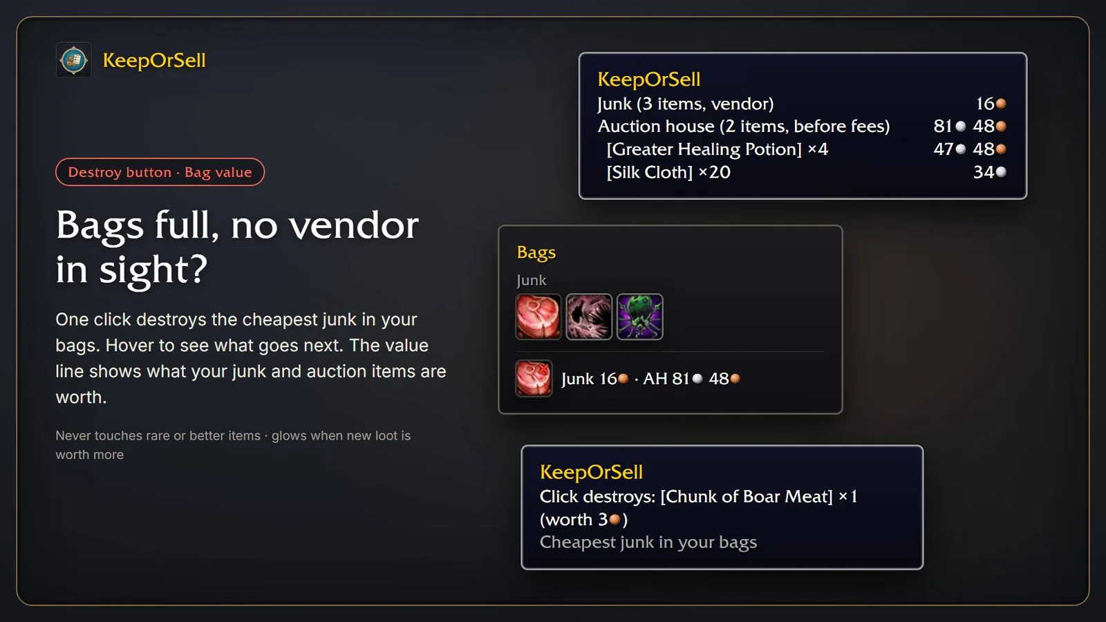 Illustration of the Destroy button, the junk and auction value line and the tooltip of the cheapest junk item.