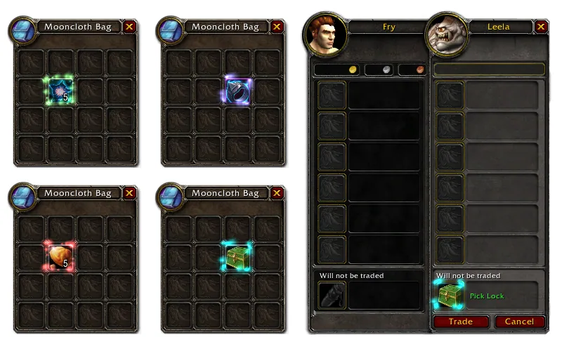 Four bag windows with one highlighted item each that Molinari can act on, and a trade window where a lockbox shows the green Pick Lock text.