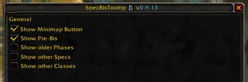 The SpecBisTooltip settings window with checkboxes for the minimap button, pre-BiS, older phases, other specs and other classes