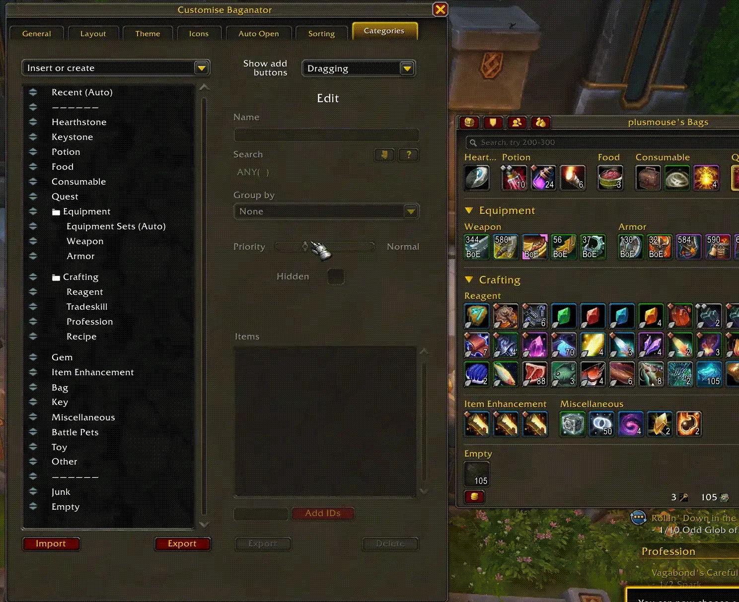 Animation: building a custom BoE category in the Baganator category editor