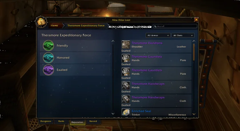 The rewards of one faction sorted by standing, Friendly, Honored and Exalted on the left and the matching items with slot and armor type on the right