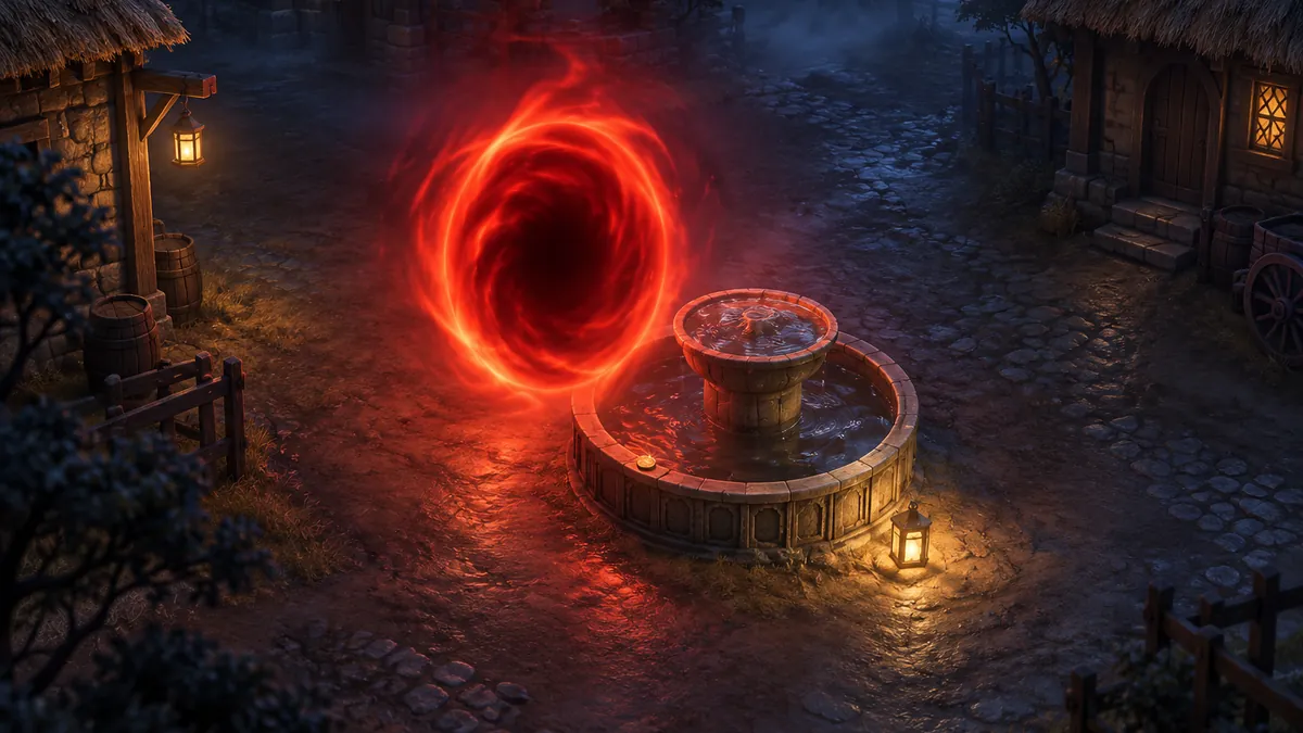 Das alte Tristram bei Nacht mit einem roten Portal über dem Dorfbrunnen